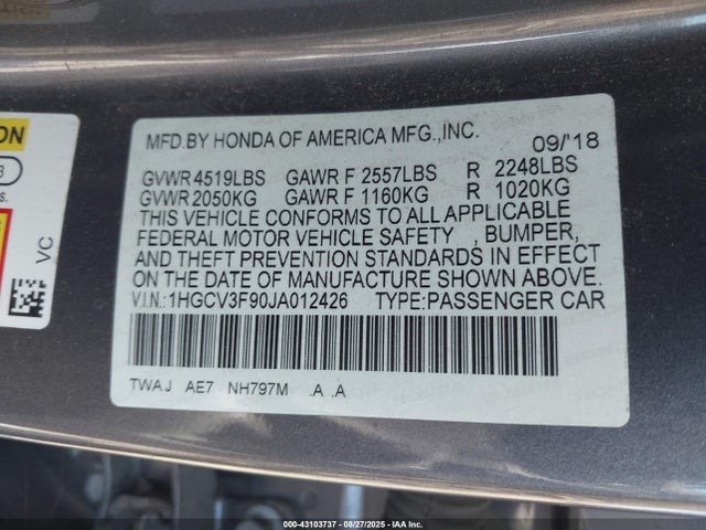 Honda lfb1/lfb2 2018 1HGCV3F90JA012426 Image 9