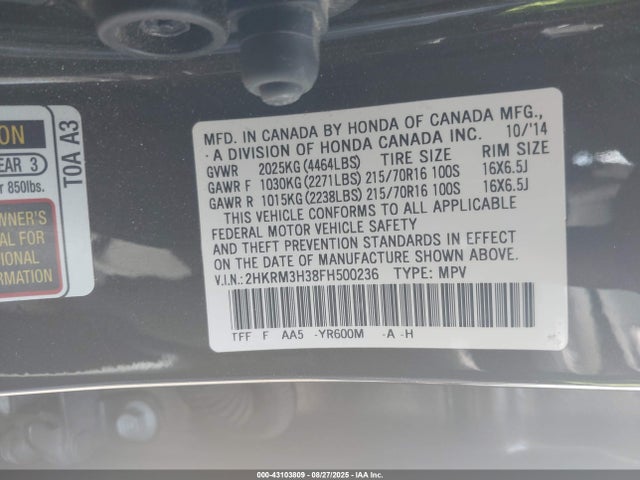 Honda k24w9/k24v1 2015 2HKRM3H38FH500236 Image 9