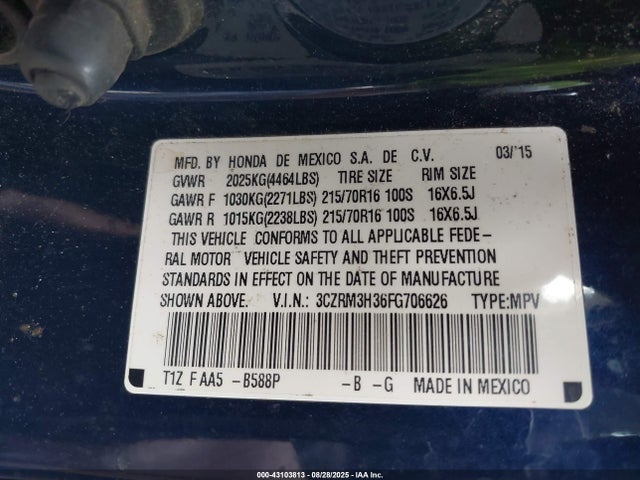 Honda k24w9/k24v1 2015 3CZRM3H36FG706626 Image 9