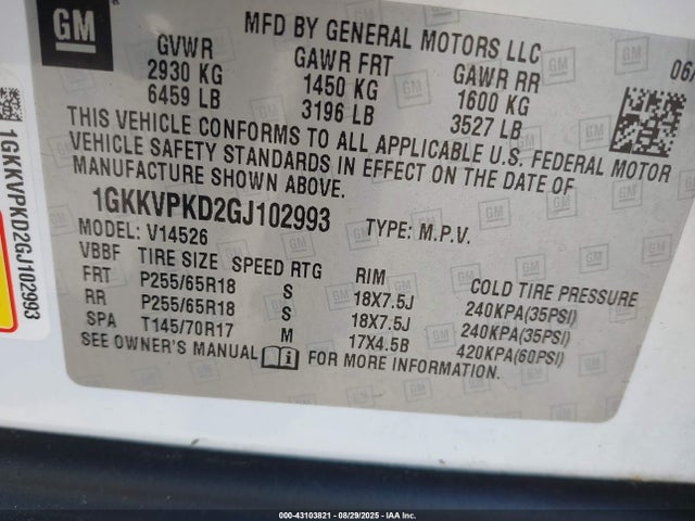 1GKKVPKD2GJ102993 GMC llt - sidi, alum, 60 degrees