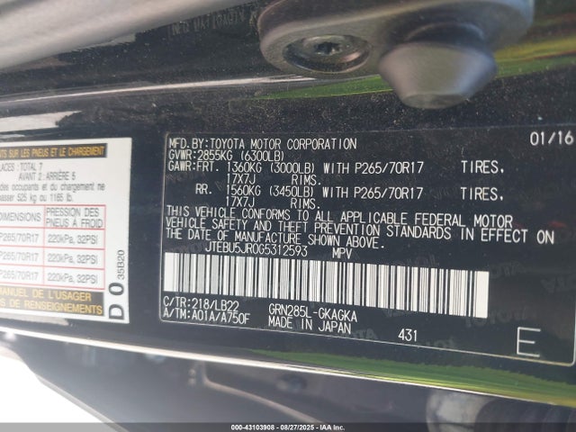 JTEBU5JR0G5312593 Toyota 1gr-fe