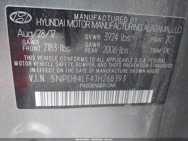 5NPD84LF4JH268393 Hyundai mpi nu