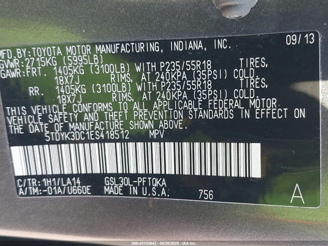 5TDYK3DC1ES418512 Toyota 2gr-fks