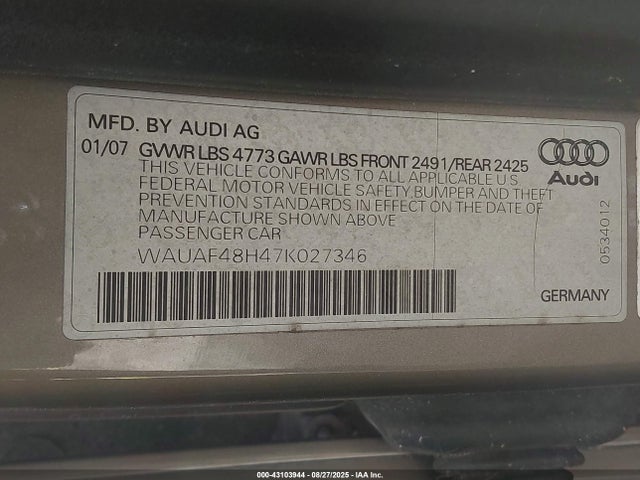 2007 AUDI A4 WAUAF48H47K027346 Photo 8