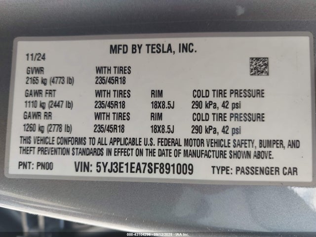 5YJ3E1EA7SF891009 Tesla MODEL 3