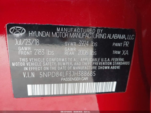 5NPD84LF3JH388685 Hyundai mpi nu