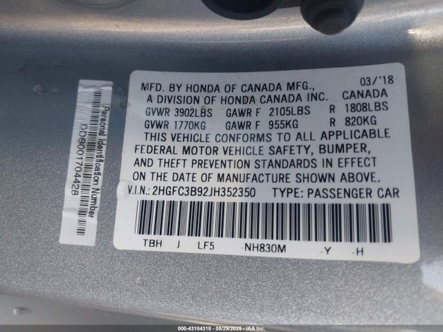 2HGFC3B92JH352350 Honda l15b7