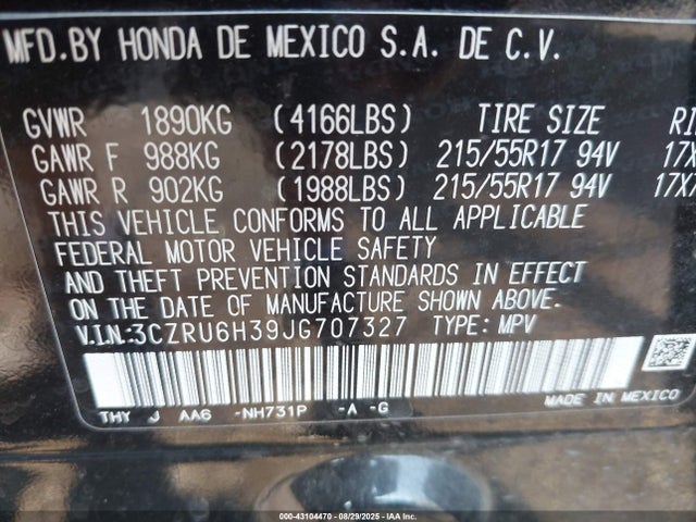 3CZRU6H39JG707327 Honda r18z9