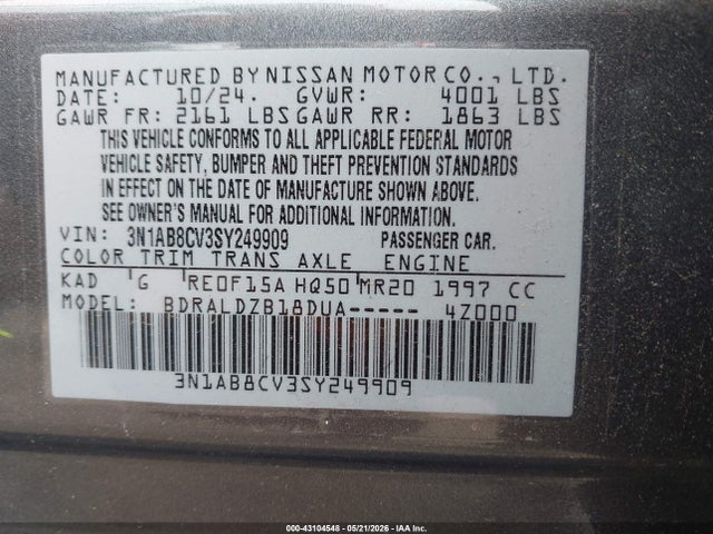 3N1AB8CV3SY249909 Nissan SENTRA SV