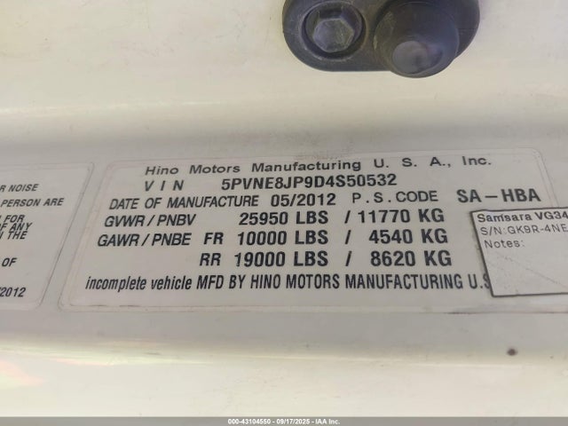 Продаж на аукціоні авто 2013 Hino 258/268, vin: 5PVNE8JP9D4S50532, номер лоту: 43104550