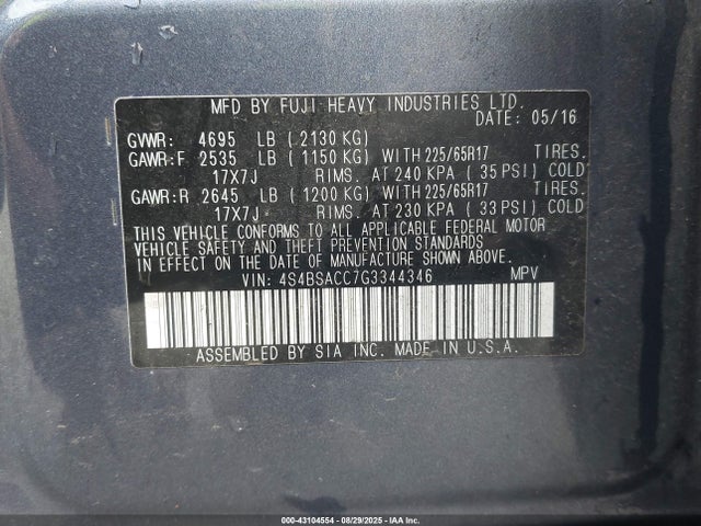 4S4BSACC7G3344346 Subaru 2.5l u5