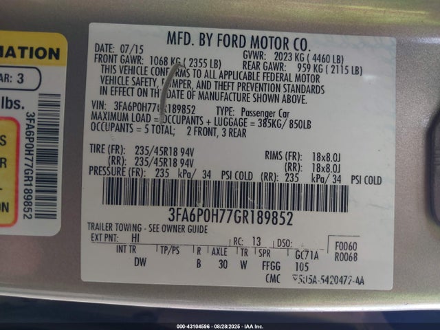 Ford Fusion 2016 3FA6P0H77GR189852 Image 9