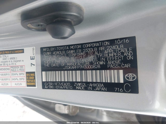 Toyota 2zr-fxe+1nm 2017 JTDKARFP7H3000828 Image 9
