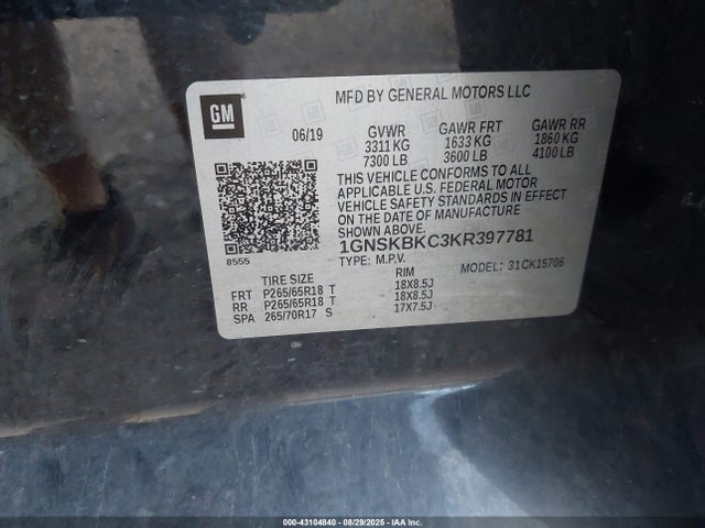 Chevrolet l83 - spark ignited direct injection, variable valve timing, afm, e85 max, alum 2019 1GNSKBKC3KR397781 Image 9