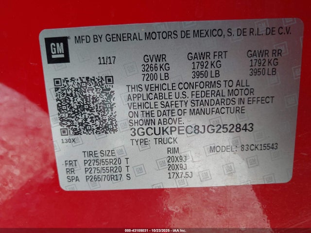 43105031 :رقم المزاد ، 3GCUKPEC8JG252843 vin ، 2018 Chevrolet Silverado 1500 Custom مزاد بيع