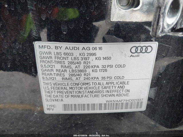 WA1VAAF71HD021337 Audi 2017