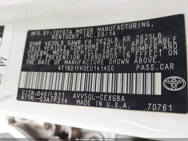 Toyota 2ar-fxe+2jm 2014 4T1BD1FK0EU141450 Image 9