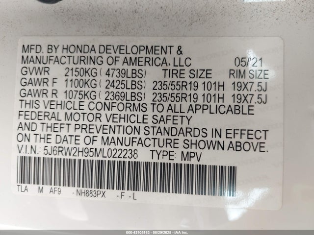 5J6RW2H95ML022238 Honda Cr-v Awd Touring