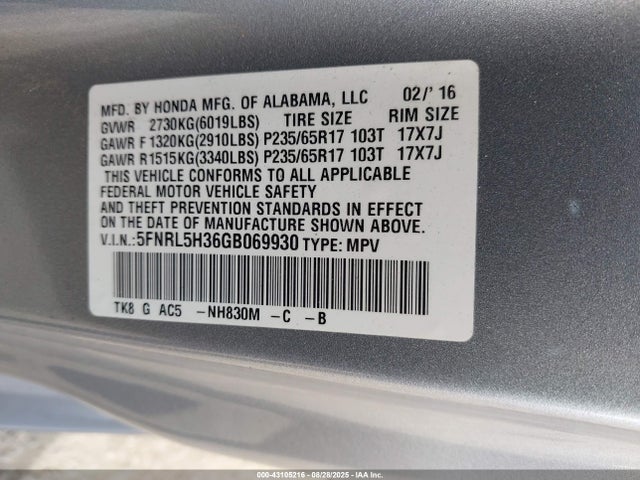 5FNRL5H36GB069930 Honda j35z8