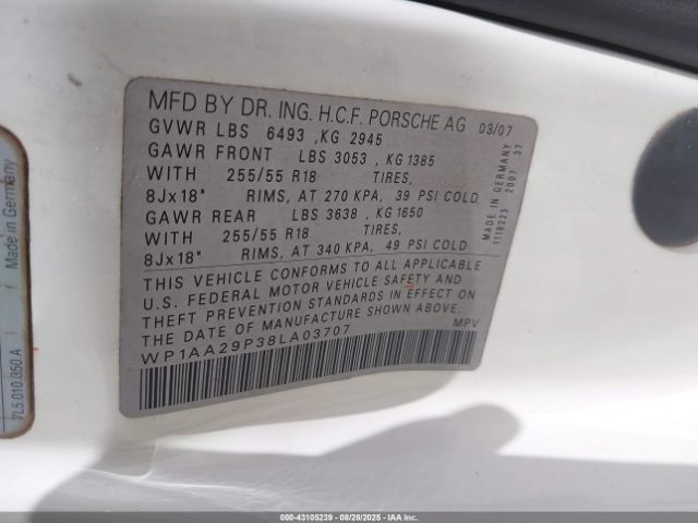 2008 PORSCHE CAYENNE WP1AA29P38LA03707 Photo 8