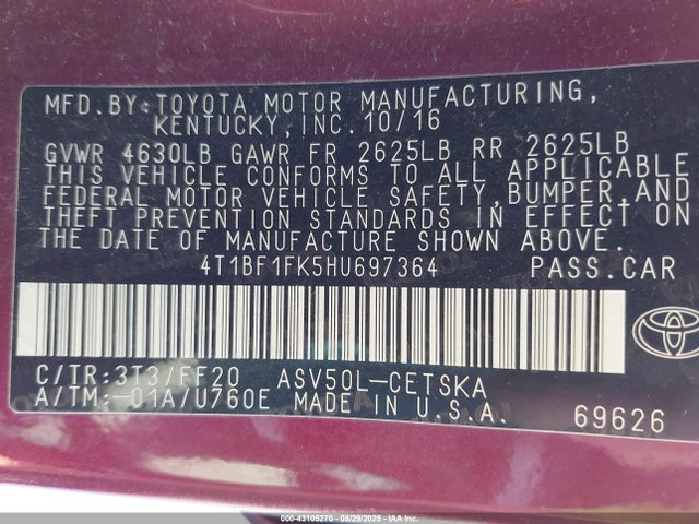 4T1BF1FK5HU697364 Toyota 2ar-fe