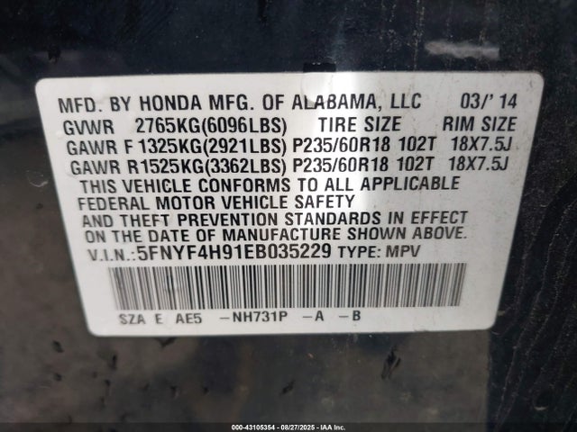 Honda j35z4 2014 5FNYF4H91EB035229 Image 9