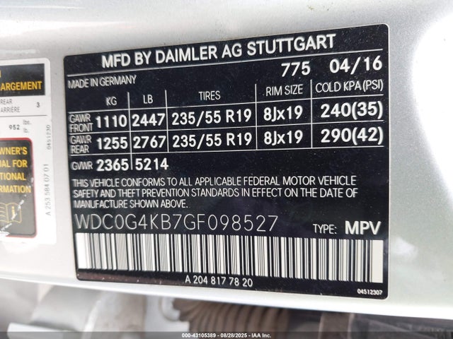 WDC0G4KB7GF098527 Mercedes-Benz m274