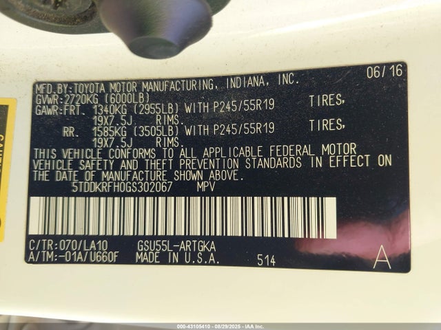 5TDDKRFH0GS302067 Toyota 2gr-fe