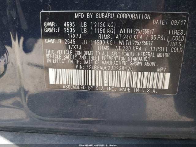 43105492 :رقم المزاد ، 4S4BSADC2J3238120 vin ، 2018 Subaru Outback 2.5i Premium مزاد بيع