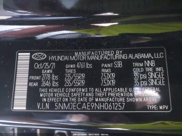 5NMJECAE9NH061257 Hyundai gdi theta iii