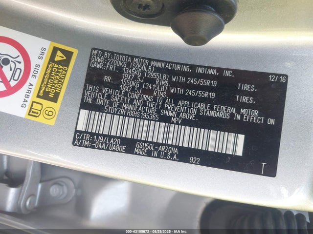 5TDYZRFHXHS195365 Toyota 2gr-fks