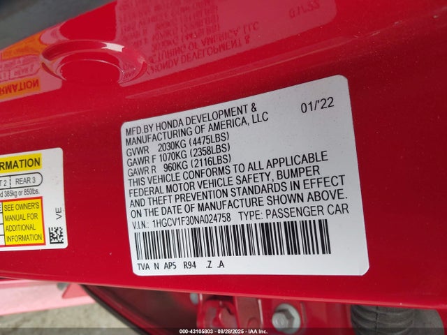 1HGCV1F30NA024758 Honda l15be