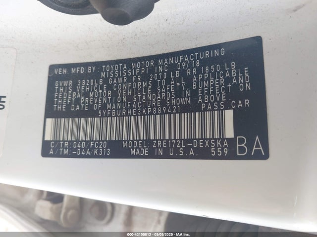 5YFBURHE3KP889421 Toyota 2zr-fe