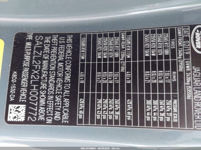 2020 LAND ROVER RANGE ROVER EVOQUE SALZL2FX2LH007772 Photo 8