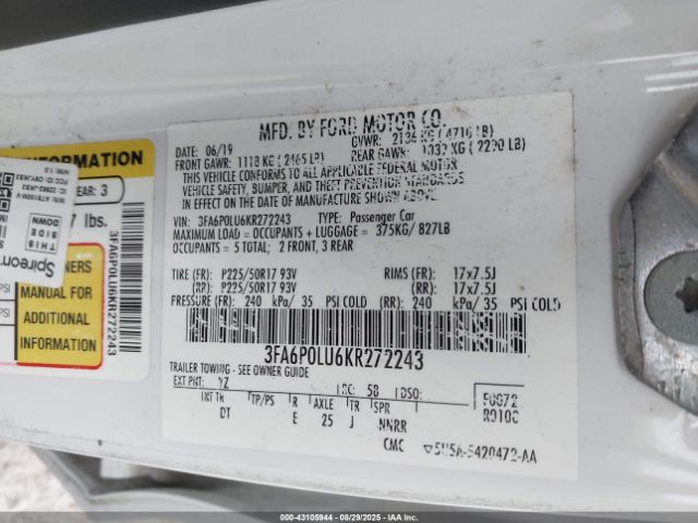 2019 FORD FUSION HYBRID 3FA6P0LU6KR272243 Photo 8
