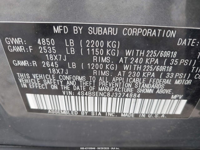 4S4BSENC8J3274884 Subaru u4
