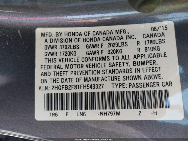 Honda r18z1 2015 2HGFB2F81FH543327 Image 9