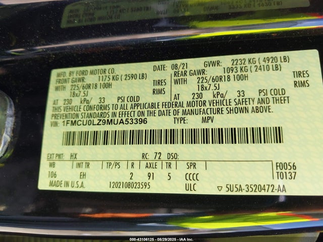 1FMCU0LZ9MUA53396 Ford hev/phev