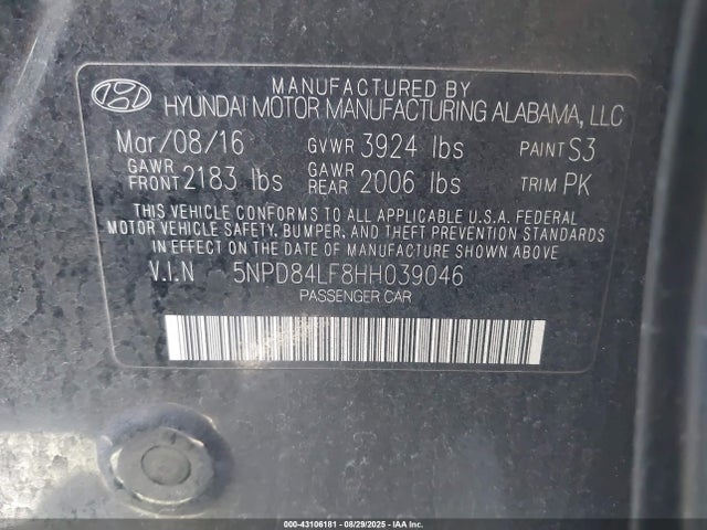 5NPD84LF8HH039046 Hyundai 2017