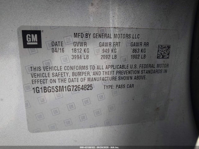1G1BG5SM1G7264825 Chevrolet le2 - di: direct injection, alum, vvt, gen i, gmna