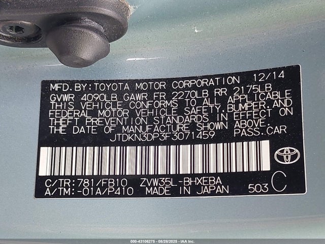 JTDKN3DP3F3071459 Toyota 2zr-fxe+3jm