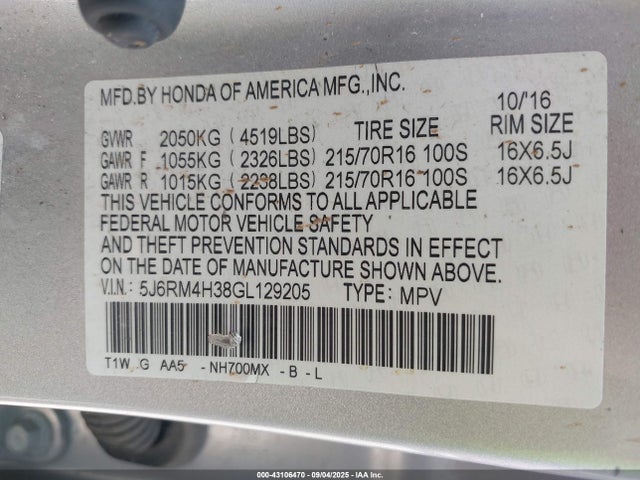 Honda k24w9 2016 5J6RM4H38GL129205 Image 9