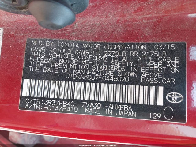 Toyota 2zr-fxe+3jm 2015 JTDKN3DU7F0446020 Image 9