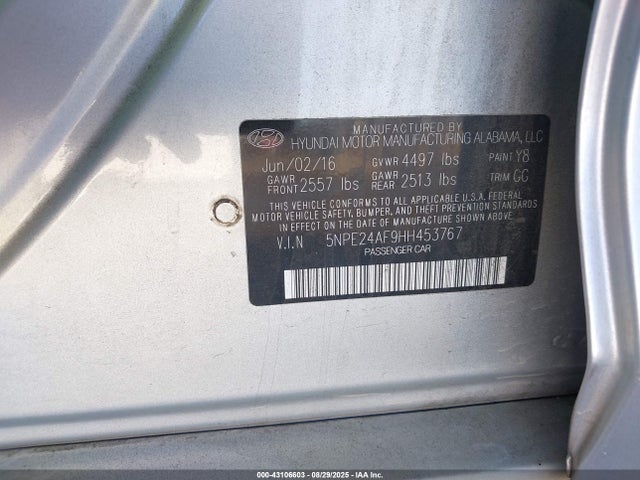 5NPE24AF9HH453767 Hyundai Sonata