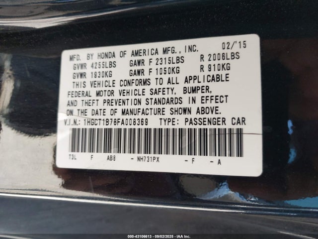 1HGCT1B78FA008369 Honda k24w1