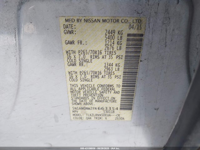 Nissan Xterra 2015 5N1AN0NW2FN663354 Image 9