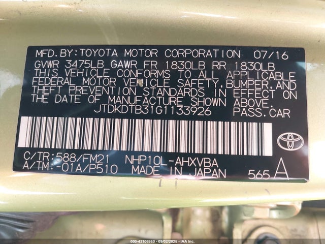 Toyota 1nz-fxe+1lm 2016 JTDKDTB31G1133926 Image 9