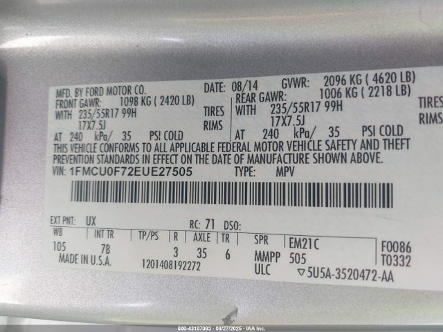 Ford Escape 2014 1FMCU0F72EUE27505 Image 9