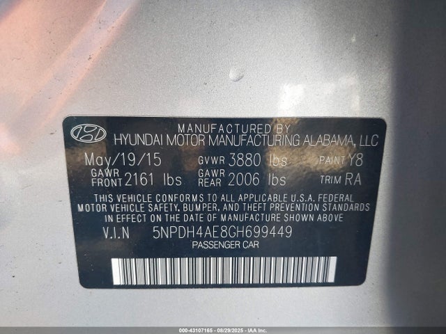 Hyundai dohc mpi nu 2016 5NPDH4AE8GH699449 Image 9