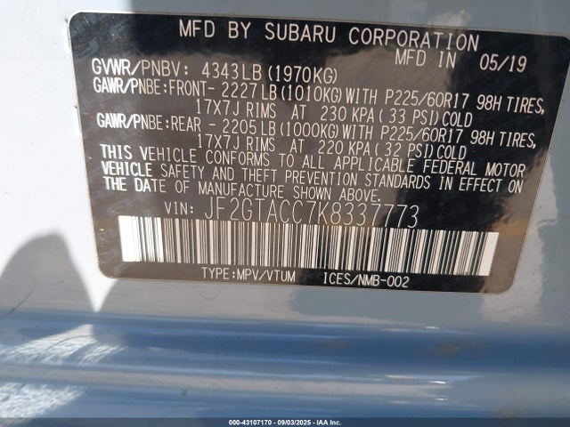 Subaru naturally aspirated 2019 JF2GTACC7K8337773 Image 9